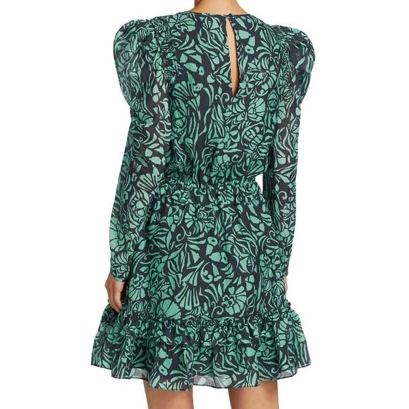 Tanya Taylor Telissa Ruffle Dress Green Navy Print Silk Dress Size 2 - Picture 13 of 16